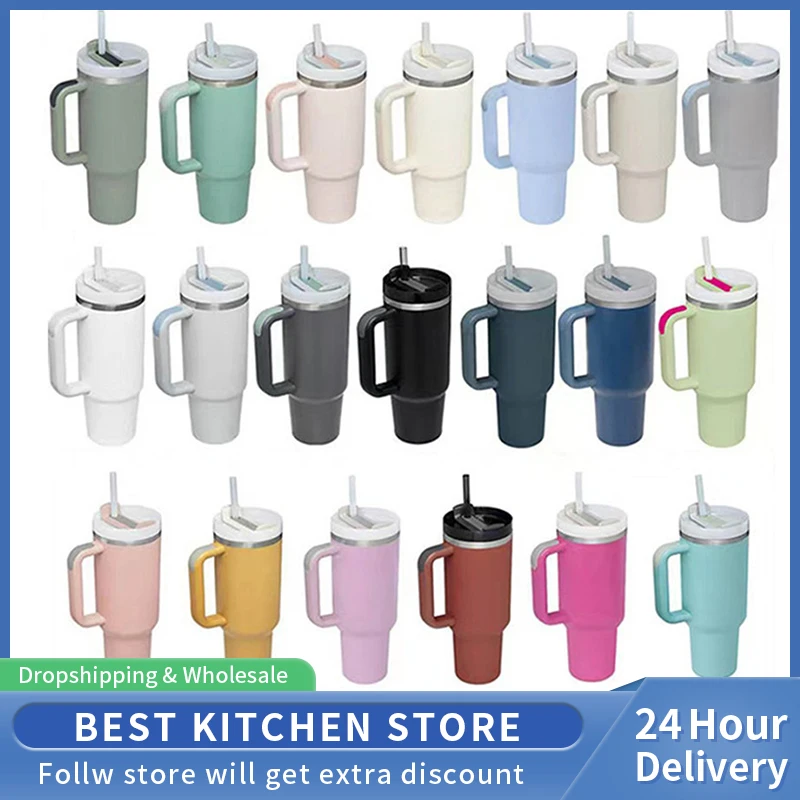 

40OZ Stainless Steel Thermos Vacuum Cup with Handle Straw Keep Cool Water Bottles Outdoor Car Tumbler Termos Cup iced Coffee Mug