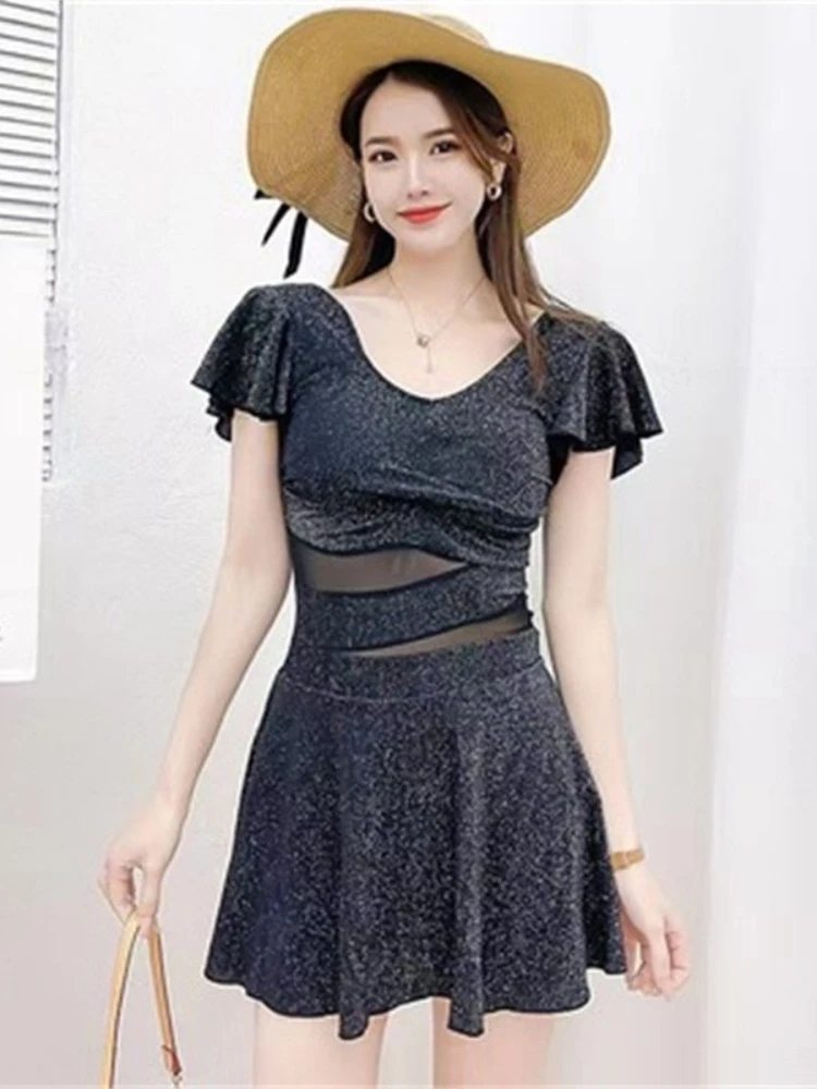 

South Korea Star Swimsuit Women Short Petal Sleeve Sexy Goddess Lace Chest Pad One-piece Swimsuits Vibrato Swimwear A Line Dress