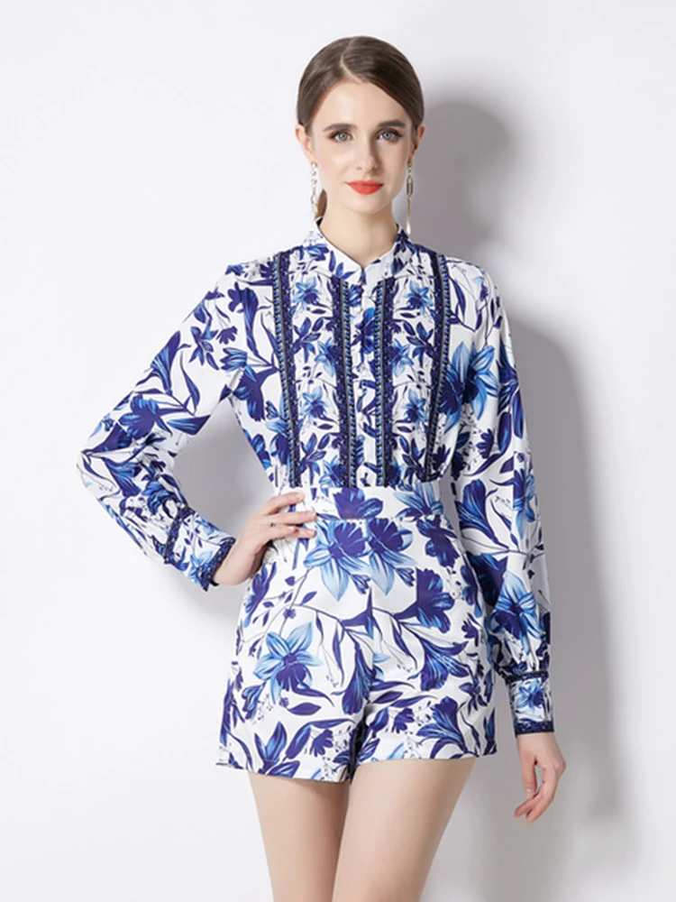 

Fashion Runway Designer Summer Shorts Suit Women's Stand Neck Lantern Sleeve Floral Print Top and Blue Shorts 2 Two Piece Set