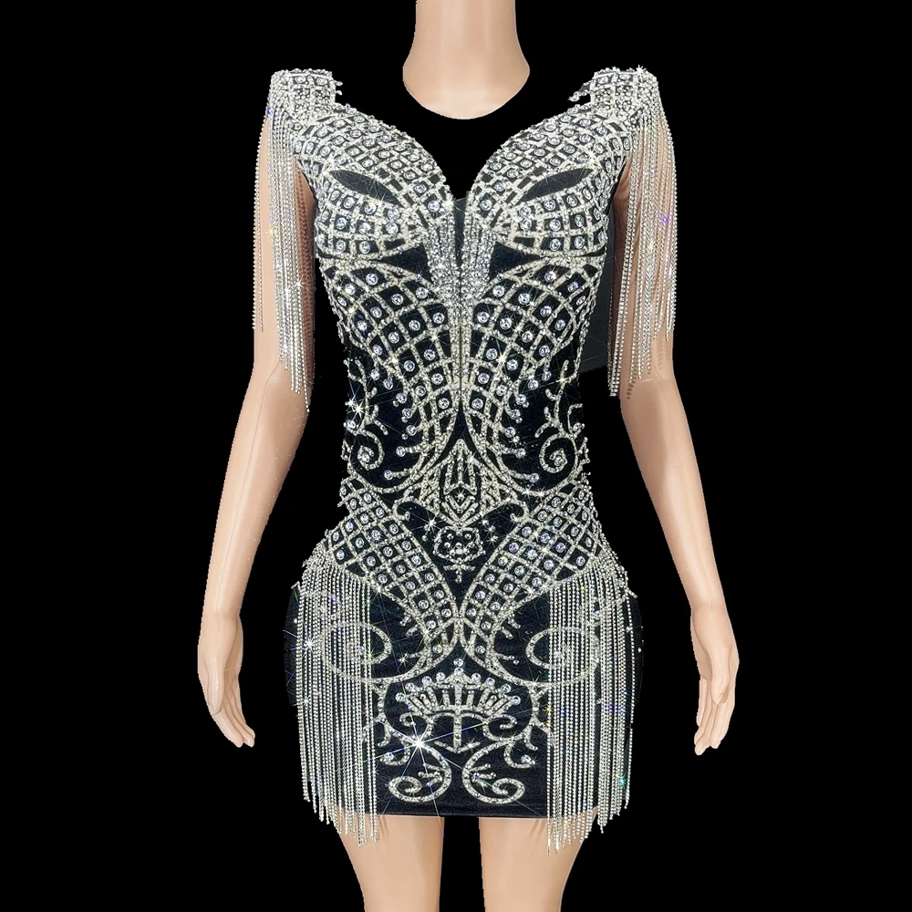 

Sparkly Rhinestones Chains New Evening Celebrate Birthday Dress for Women Velvet Short Dress Prom Party Outfit Show Stage Wear