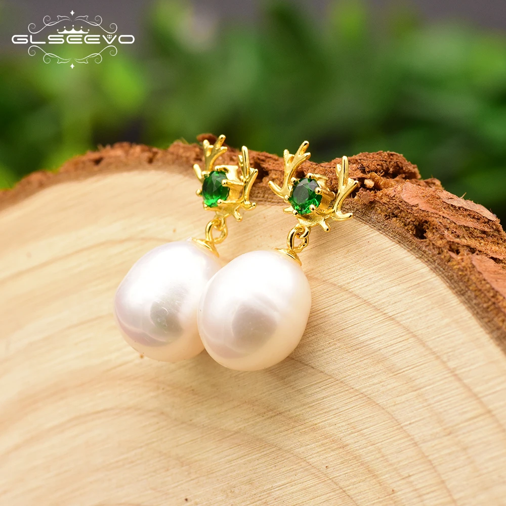 

GLSEEVO 925 Sterling Silver Natural Pearl Elk Antlerk Drop Earrings For Women Wedding Earrings Pave Blue Zircon Jewelry GE0683