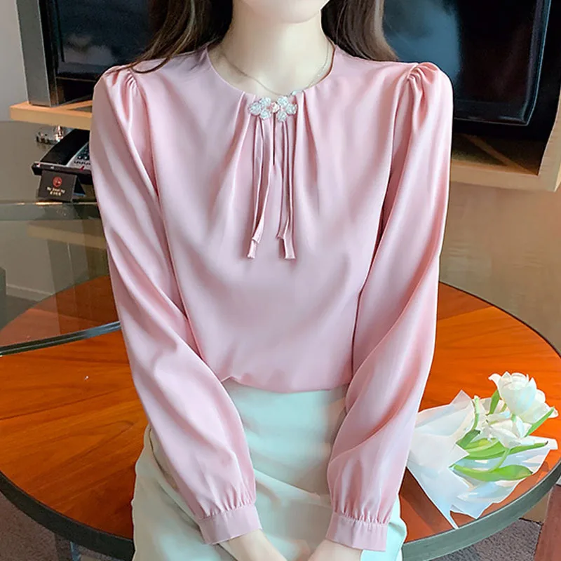 Женская шифоновая блузка с длинным рукавом и круглым вырезом