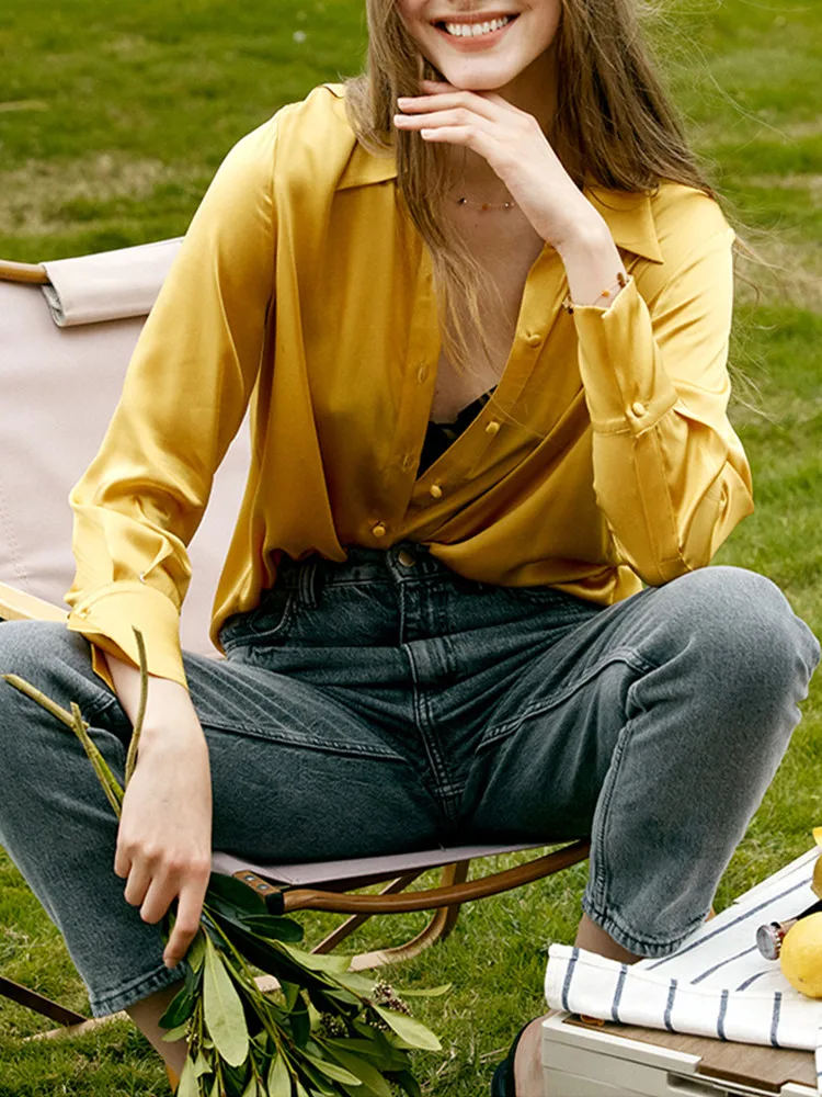 

2023 New 100% Silk Blouse for Women's Loose Basic Top French Elegant Female Underlay Long Sleeve Shirt and Tops