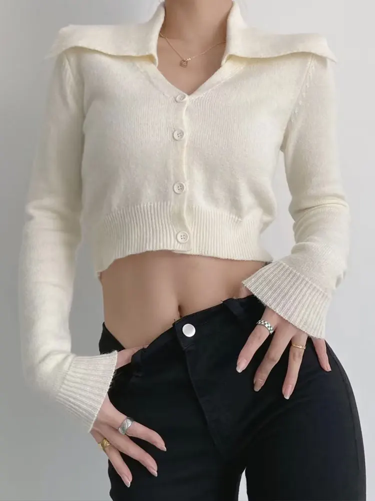 

DUOPERI Women Fashion Solid Cropped Cardigan Sweater Vintage Lapel Neck Single Breasted Long Sleeves Female Chic Lady Tops