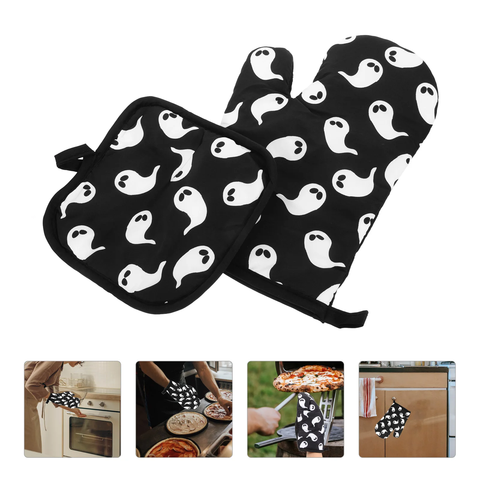 2 Pcs Halloween Microwave Oven Glove Mitts for Cooking Grilling Gloves Insulation Cotton Pad Printed Dinner Party