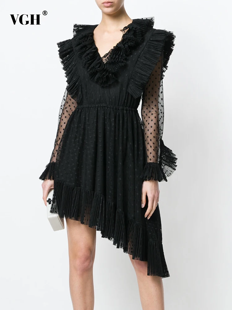 

VGH Asymmetrical Mini Dress For Women V Neck Long Sleeve High Waist Solid Patchwork Slim Dresses Female Clothing Summer Fashion
