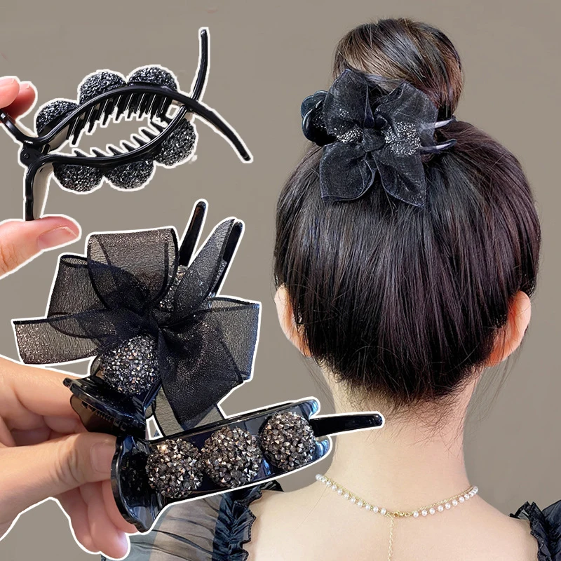 

New Women Rhinestone Hair Claw Vintage Elegant Net Yarn Butterfly Ponytail Hair Claws Crystal Beads Hair Clips Hair Accessories