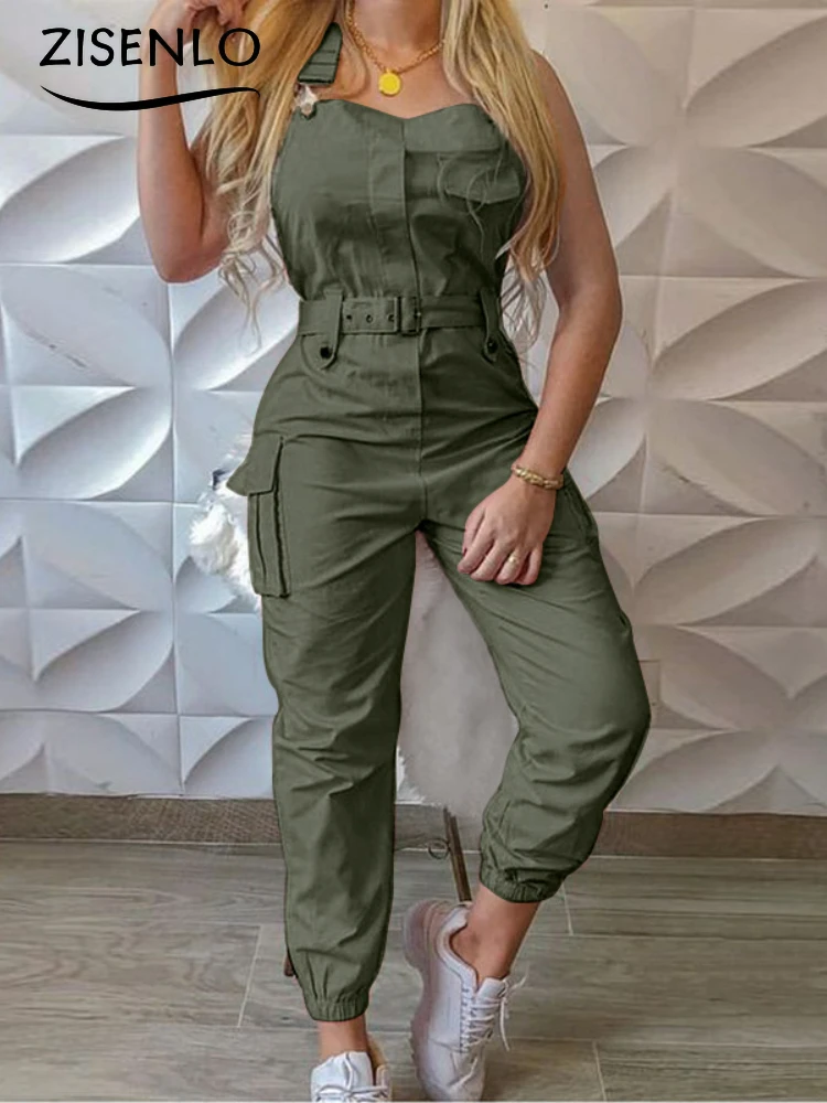 Overalls for Women Summer New Belt Type Sleeveless Work Jumpsuits Solid Color Casual Trousers Chic and Elegant Woman Jumpsuit