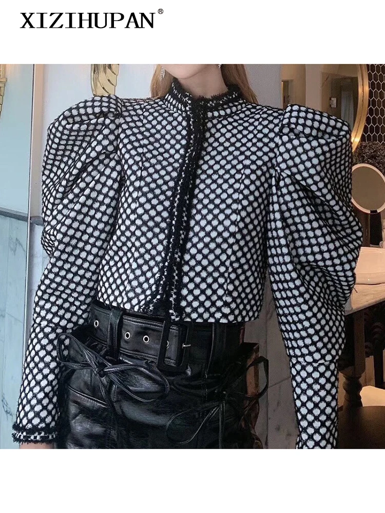 

Уличная одежда XIZIHUPAN с цветными блоками, короткие пальто для женщин, повседневная клетчатая куртка с круглым вырезом и длинным рукавом с буфами, женская осенняя одежда, новинка 2022