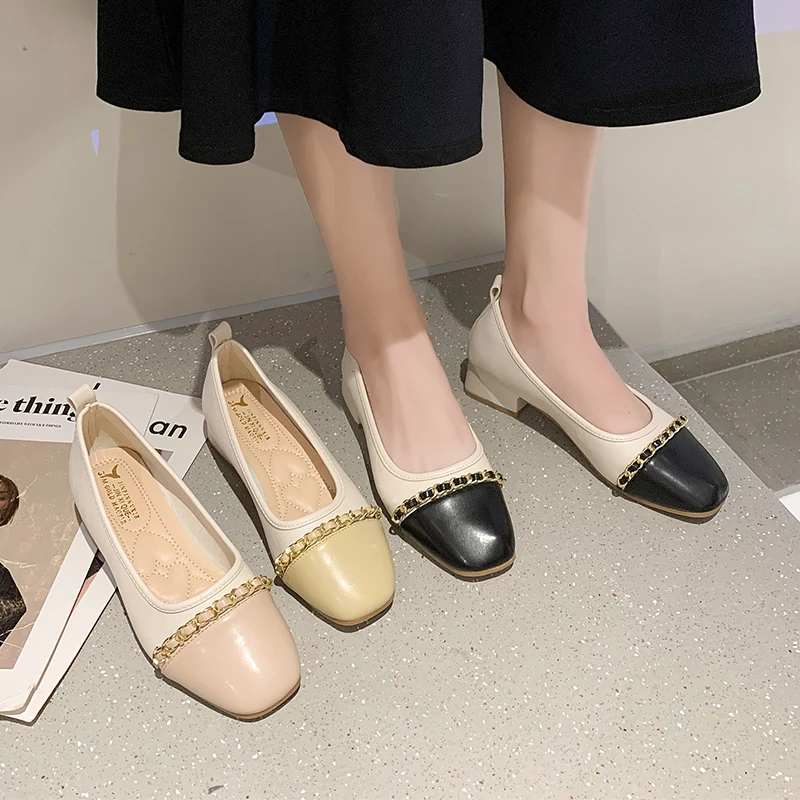 

Retro Woman Shoes Female Footwear Low Heels Elegant Autumn Modis Square Toe Dress Fall Comfortable New Rubber Metal Decorat