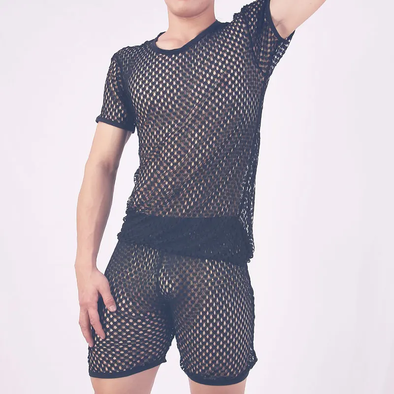 

Men's Sexy Transparent Mesh T-shirts Male Short Sleeve Hollow Out T Shirt Summer Casual Fitness Tee Tops