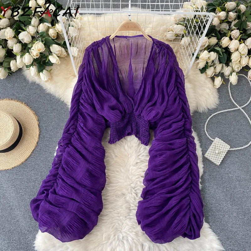 

2022 New Fashion Summer Sexy Draped Chiffon Blouse Women Elegant V Neck Puff Long Sleeve Short Top Women Slim Party Shirts