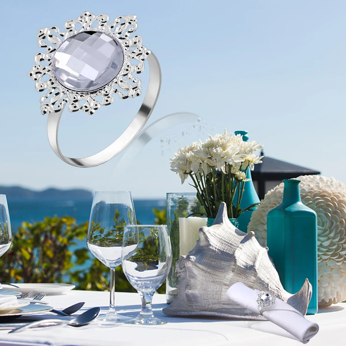 

Napkin Rings Ring Holder Wedding Dinner Set Holders Banquet Napkins Silver Acrylic Serviette Metal Bling Rhinestone Buckles