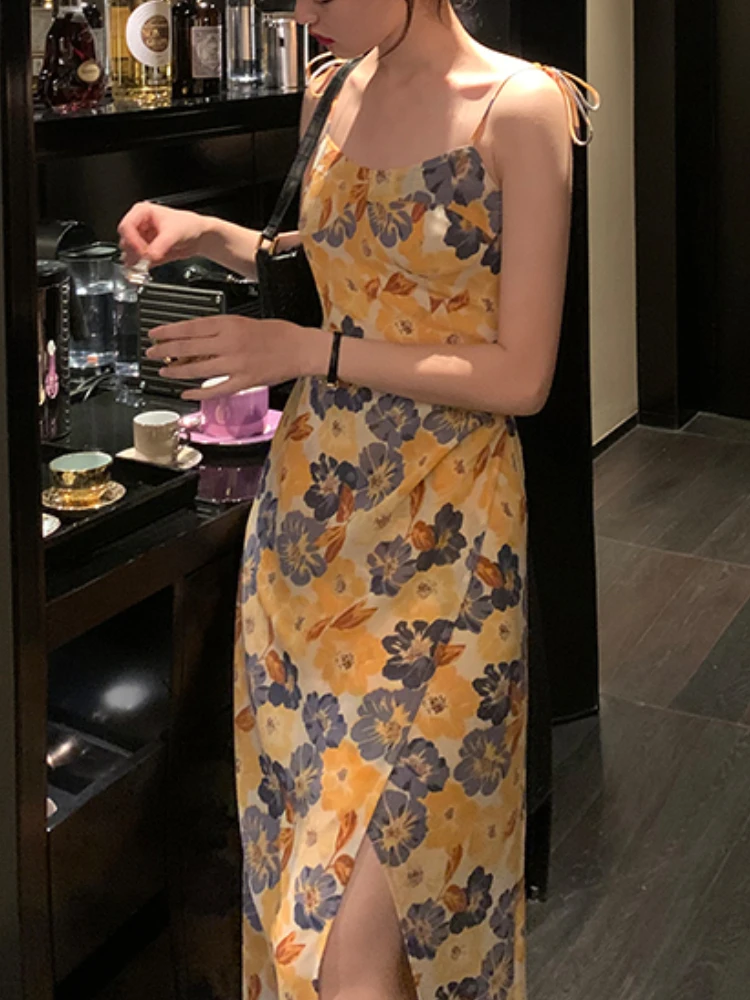 

Женское летнее облегающее платье миди на бретелях с цветочным принтом, пикантное Элегантное повседневное платье без рукавов, женская модная верхняя одежда