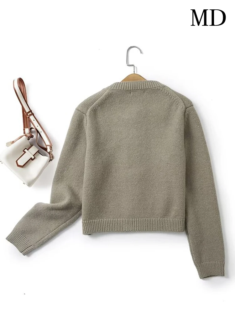 MD женская мода сплошной цвет простой ниши вязать круглый вырез с длинными