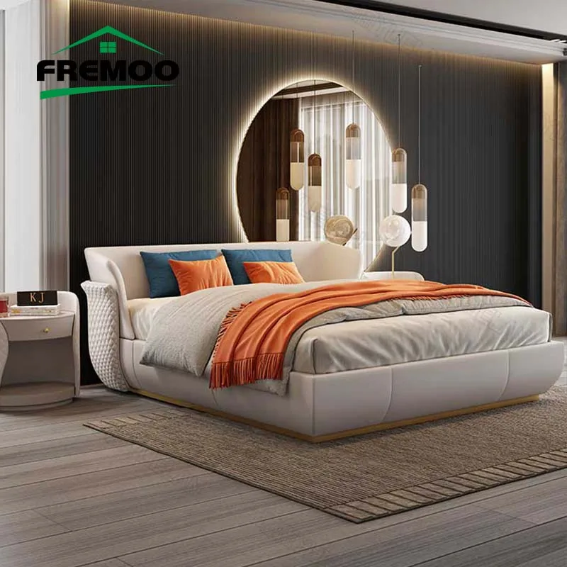 

Chinese Modern Simple Style Wooden Durable Double Bed Genuine Leather Wedding Soft Bed Country Solid Wood Bedroom Beds