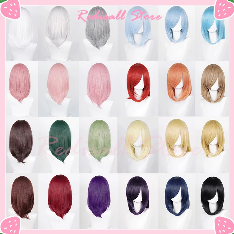 40cm Long Straight Wig Multi-color Cosplay Hair Basic Bang Red Blue Pink Brown Purple Black White Green Blonde Gray Headwear