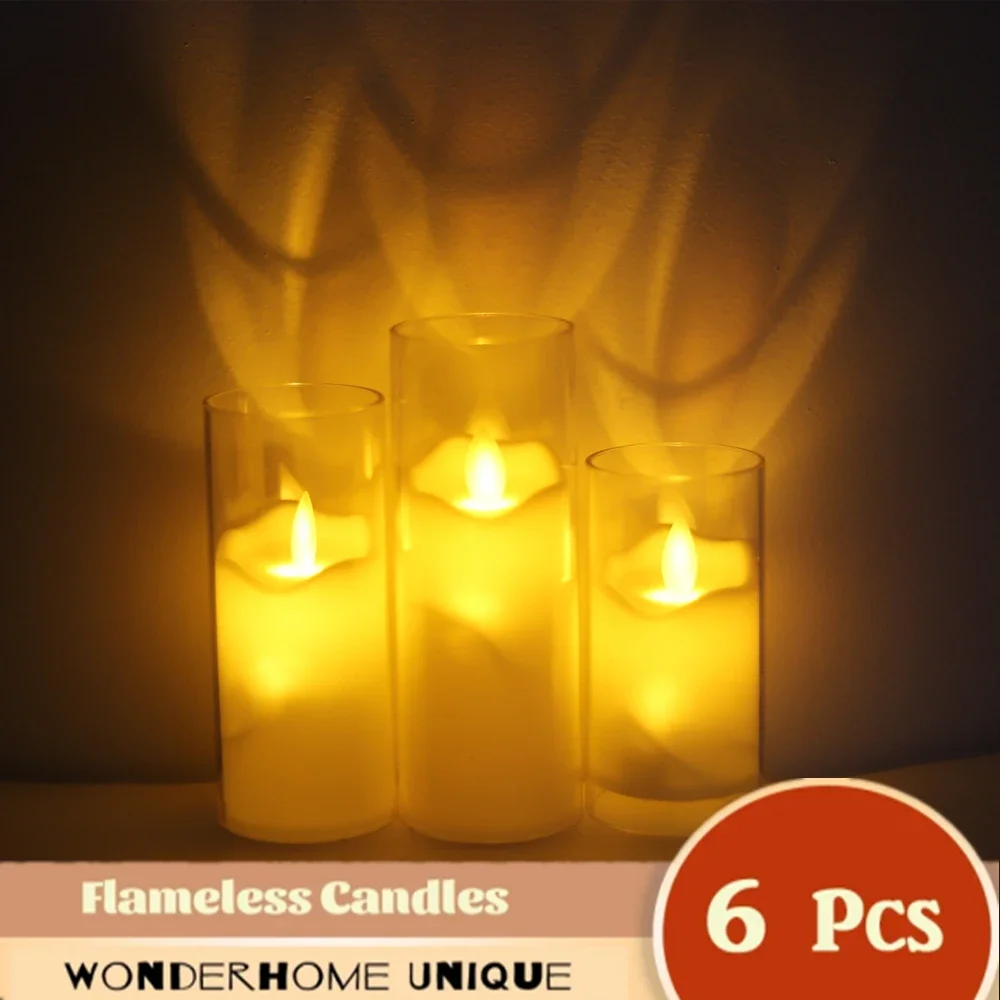 

6 шт., светодиодные беспламенные электрические свечи, лампа, акриловое стекло, Мерцающая поддельная свеча с батареей, свечи оптом для свадьбы, Рождества