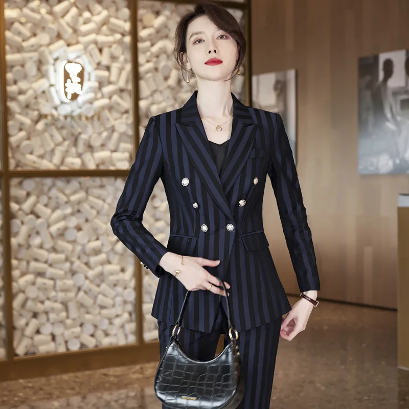 IZICFLY Fall Winter Uniform Business Outfit Suits with Trouser Wine Red Striped Office Professional Clothes For Women Work Wear