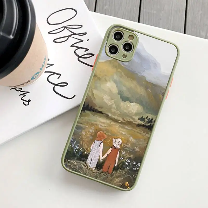 Cartoon Scenery Girl Phone Case for iPhone 14 11 12 13 Mini Pro Max 8 7 Plus X XR XS MAX Translucent Matte Cover