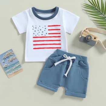 2023-03-14 Lioraitiin 0-3Years Independence Day Toddler Boys 2Pcs Outfits Summer Stars Stripes Short Sleeve T-shirt Shorts Set 1