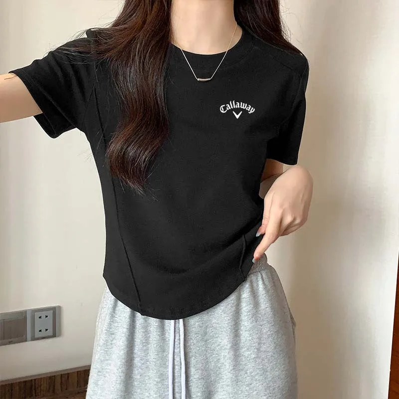 Women Pure Colour Golf T-shirt Summer Short-sleeved Casual  Splice Design O-neck T Shirt  Simple Slim Fishbone Style Top