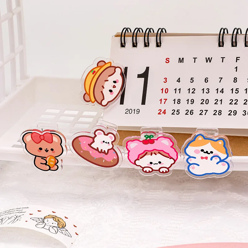 

5pcs Transparent Acrylic Clips Cute Bear Flower Stationery Test Paper Clip Cartoon Snacks Sealing Clip Kawaii Photo Card Holder
