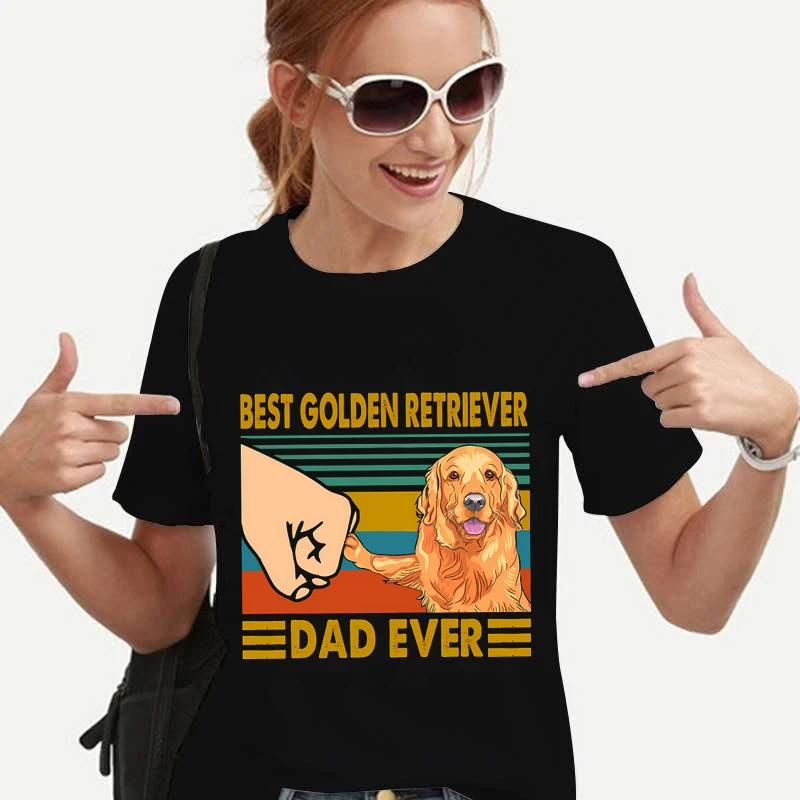 Купи BEST GOLDEN RETRIEVER DAD EVERE Women T-shirt Fashion Lady Tops Tees Funny Cartoon Shirt Casual Female Black Tshirt Clothing за 299 рублей в магазине AliExpress