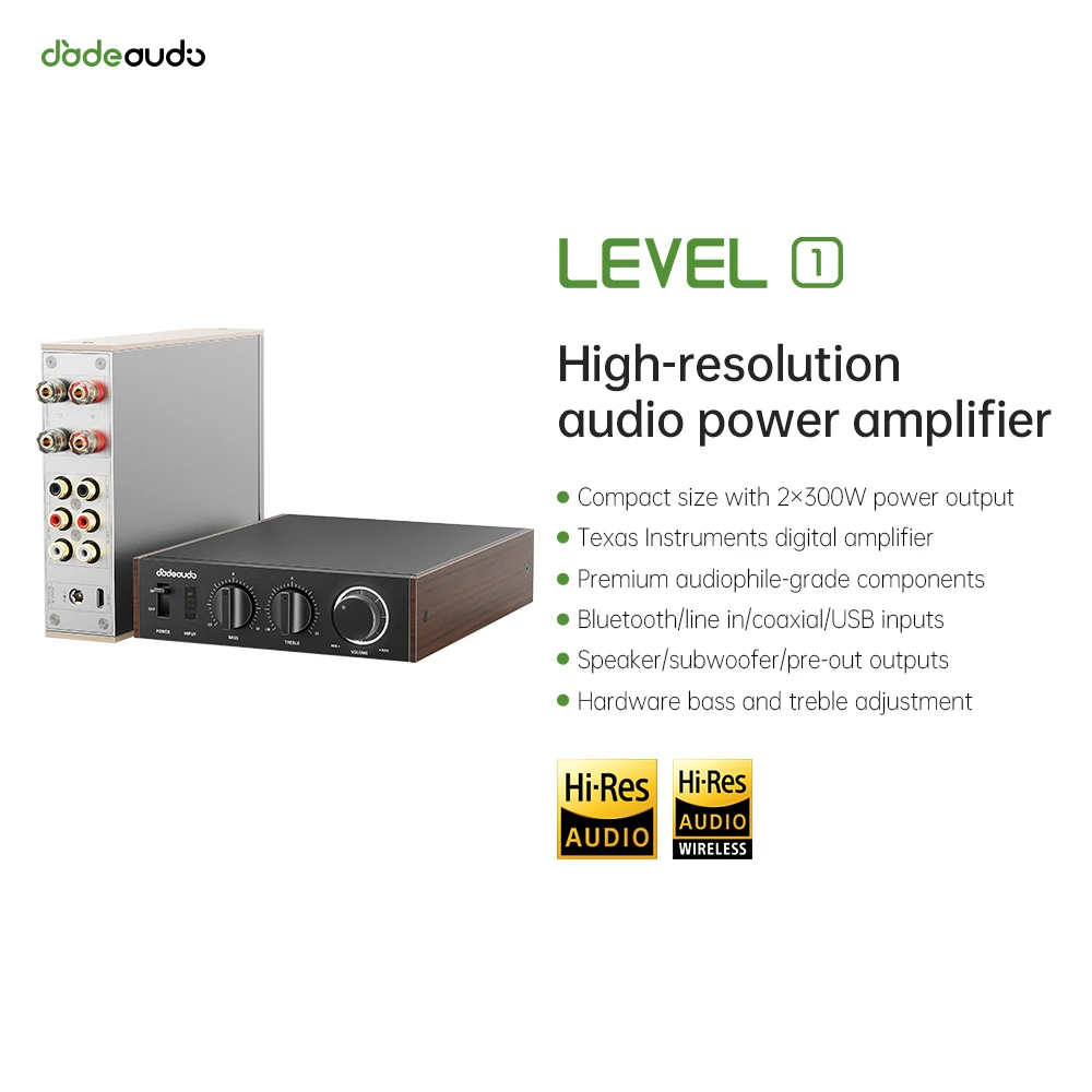 Фото Настольный Hi-Fi Bluetooth-усилитель JadeAudio Level 1 с поддержкой LDAC, 2×300 Вт, класс D, USB/коаксиальный вход для домашнего кинотеатра/ПК с питанием 48В №1