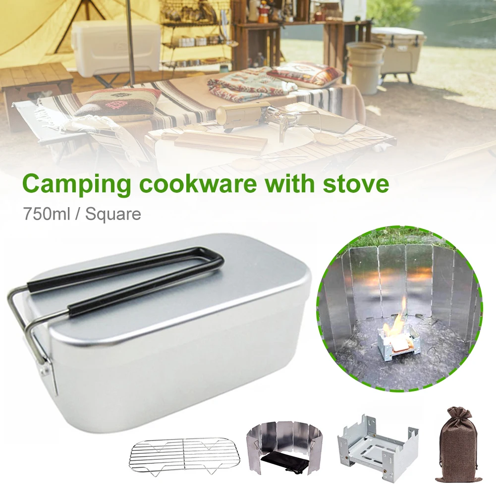 

Outdoor Camping Cookware Aluminum Alloy Lunch Box Picnic Bento Box Foldable Handle with Stove Tableware Dinnerware for Hiking