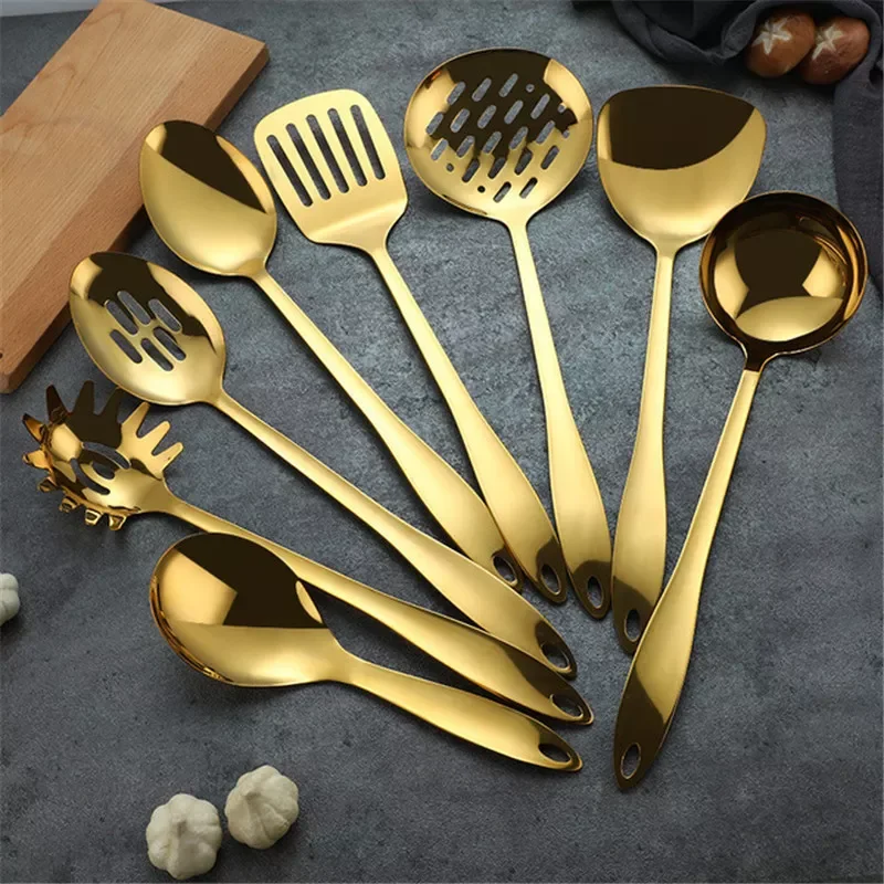 

8 PCS Nordic Luxury Stainless Steel Kitchenware Set Gold Scoop Soup Spatula Shovel Ladle Kitchen Cooking Tools Skimmer Colander