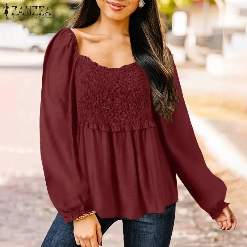 

ZANZEA Fashion Women Pleated Long Sleeve Blouse Spring Holiday Tops Solid Vintage Square Neck Ruffles Shirt Casual Female Blusas