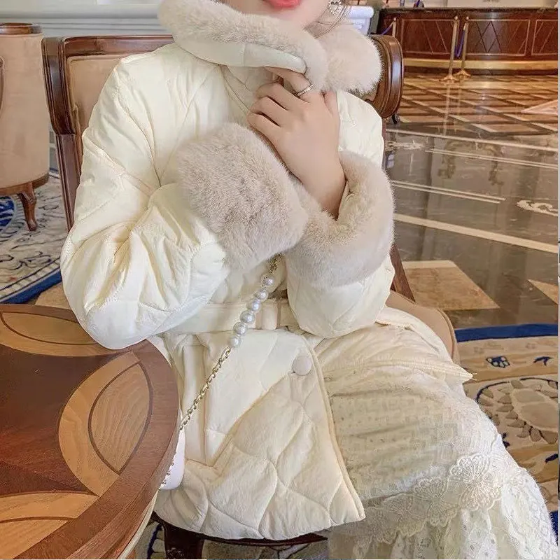 2022 White Lace Up Waist Korean Style Loose Long Winter Down Coat Women Long Female Chic  Argyle Jackets Buttons Padded Clothes
