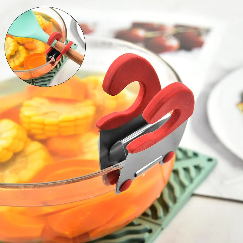

1 Pcs Stainless Steel Pot Side Clip Anti-scalding Spoon Holder Kitchen Gadgets Pot Side Spoon Holder Rubber Side Clamps Tools