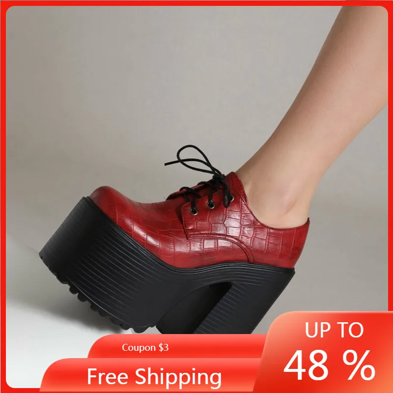 

Platform Wine Red Stone Pattern Ultra-High Heightening Shoes Hollowed Out Ultra-High Thick Heel Lace Ups for New Women In Spring