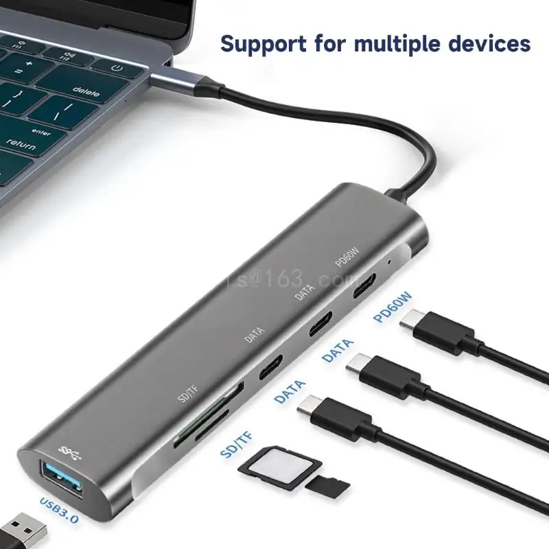 

6 in 1 Type C Hub with USB 3.0 PD 60W Charging SD/TF Card Reader Ideal for Laptops Desktops and Mobile Devices