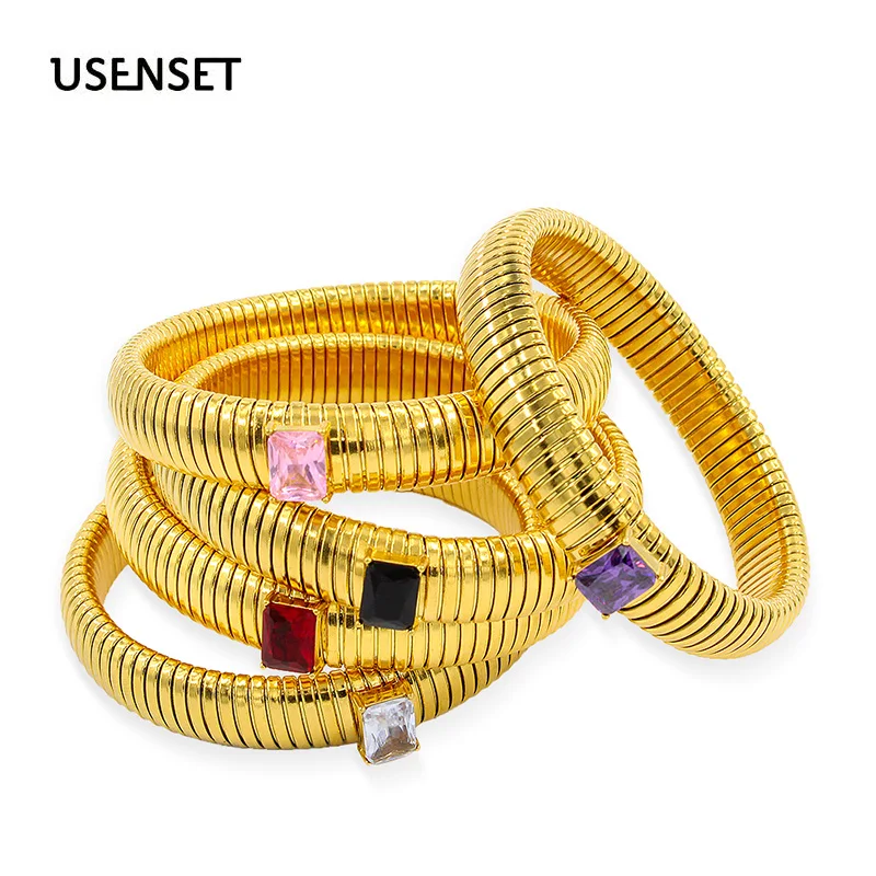

Waterproof Stainless Steel Cubic Zirconia Elastic Bangle Women Inspirational Bracelets Gold Color Hand Accessori Jewelry YS156