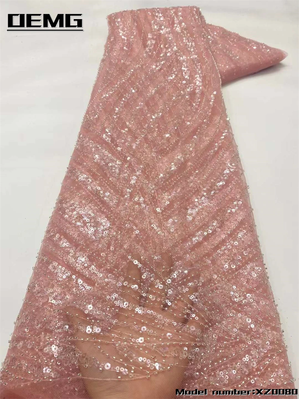 

OEMG Luxury Sequin African Lace Fabric 2022High Quality Beads Nigerian Wedding Bridal Embroidery French Tulle Lace Fabric XZ0080