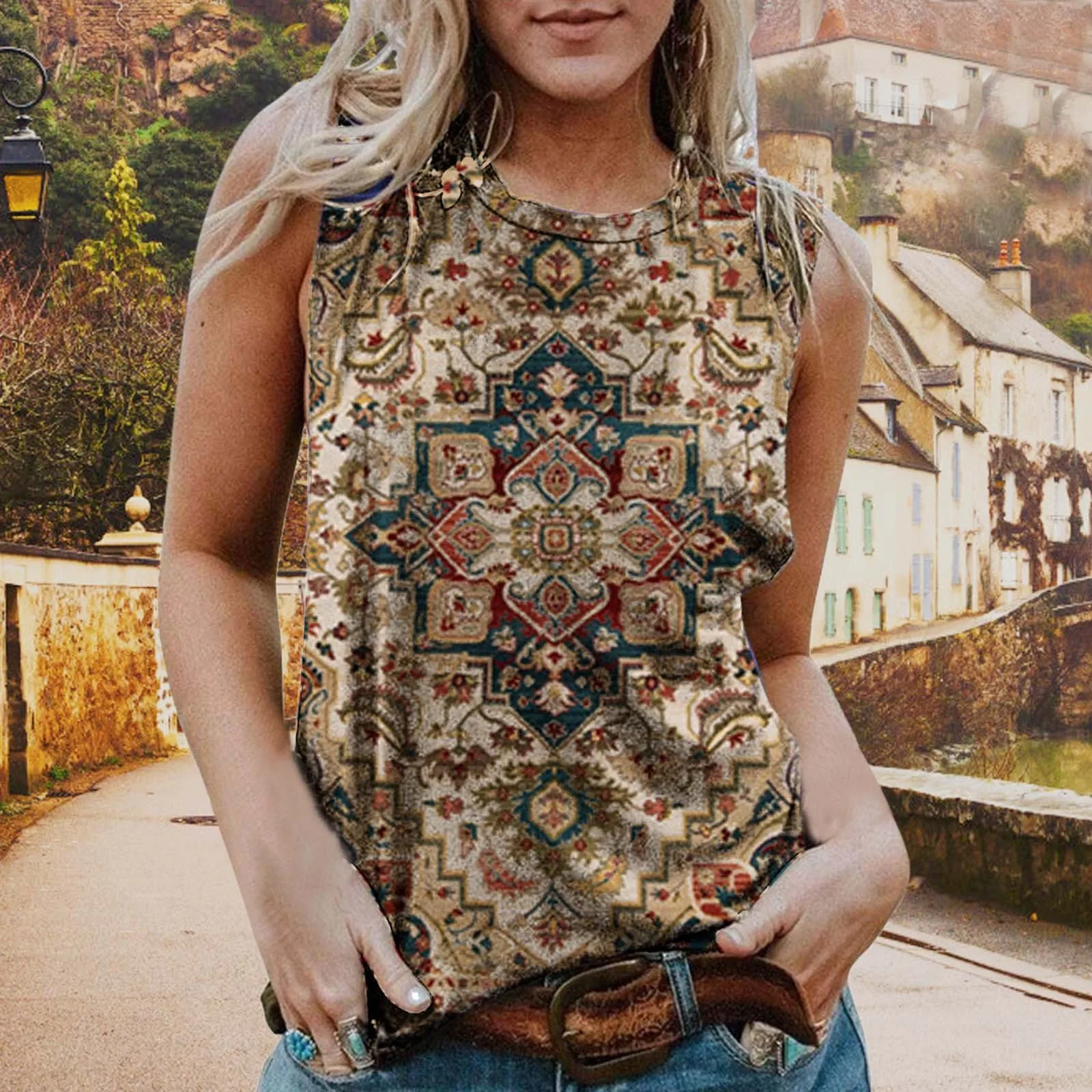 

Топ женский компрессионный с круглым вырезом, Повседневная рубашка с принтом ацтексов, жилет без рукавов, свободная кофта с разрезом, черны...