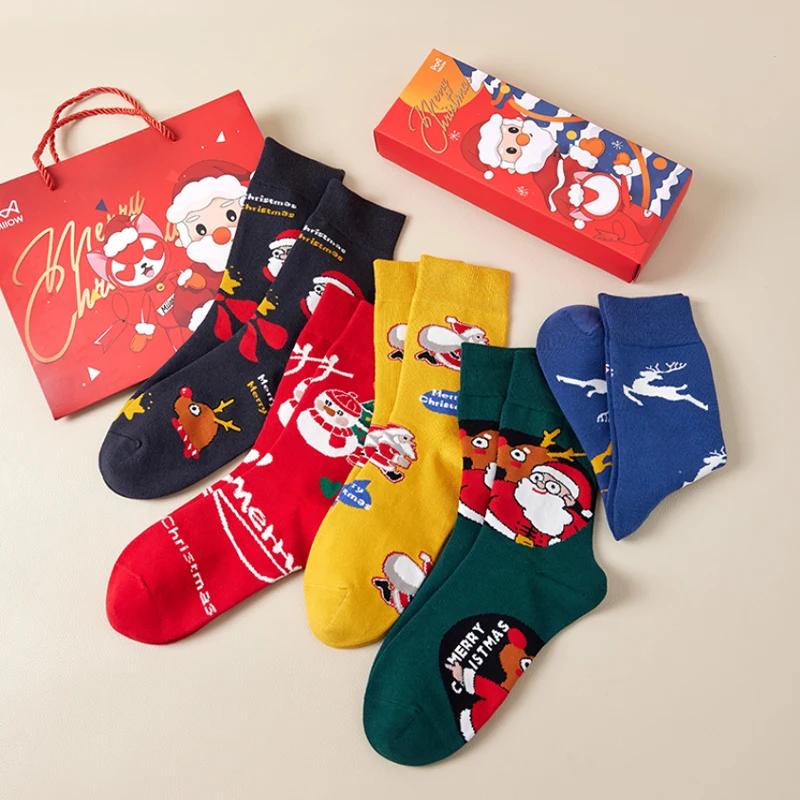 MiiOW 5 Pairs/Lot Christmas Santa Claus Stockings Cotton Socks Set Thick Winter Moose Snowman Christmas Gift for Women or Men