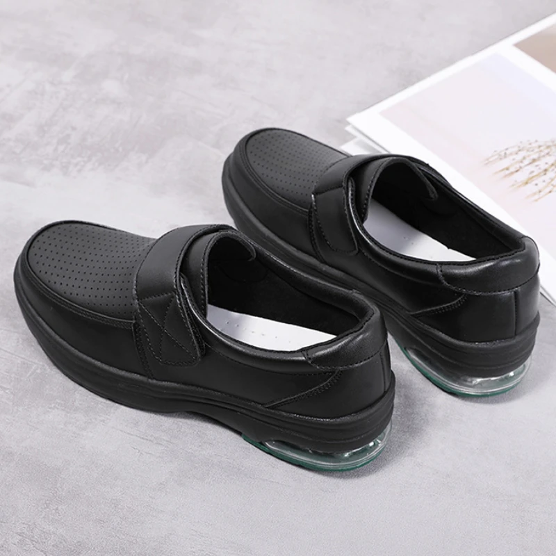 Waterproof Leather Loafers for Women Air Cushion Soft Sole White Nurse Shoe Ladies Office Magic Tape Anti-Skid Casual Work Shoes