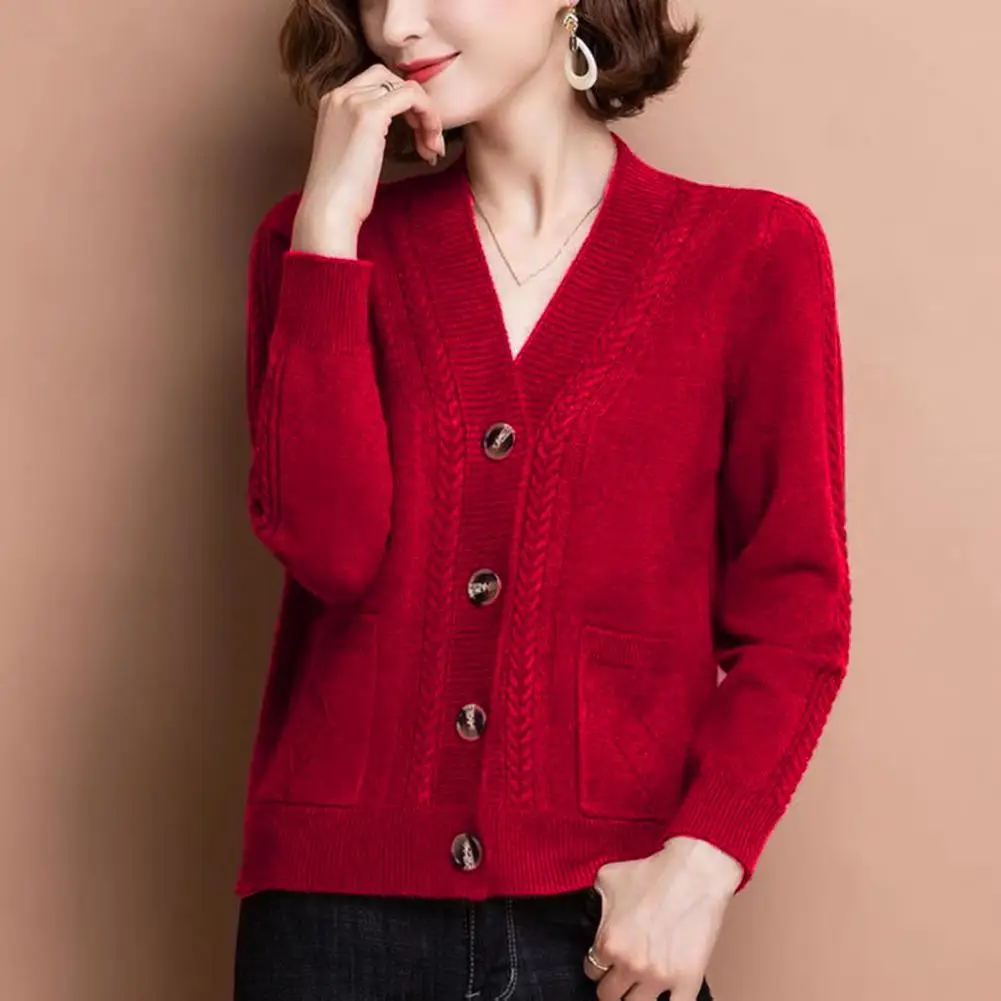 

Soft Warm Cardigan Chic Middle-age Women's Knitted Cardigans V-neck Button Closure Long Sleeves Solid Colors for Spring Autumn