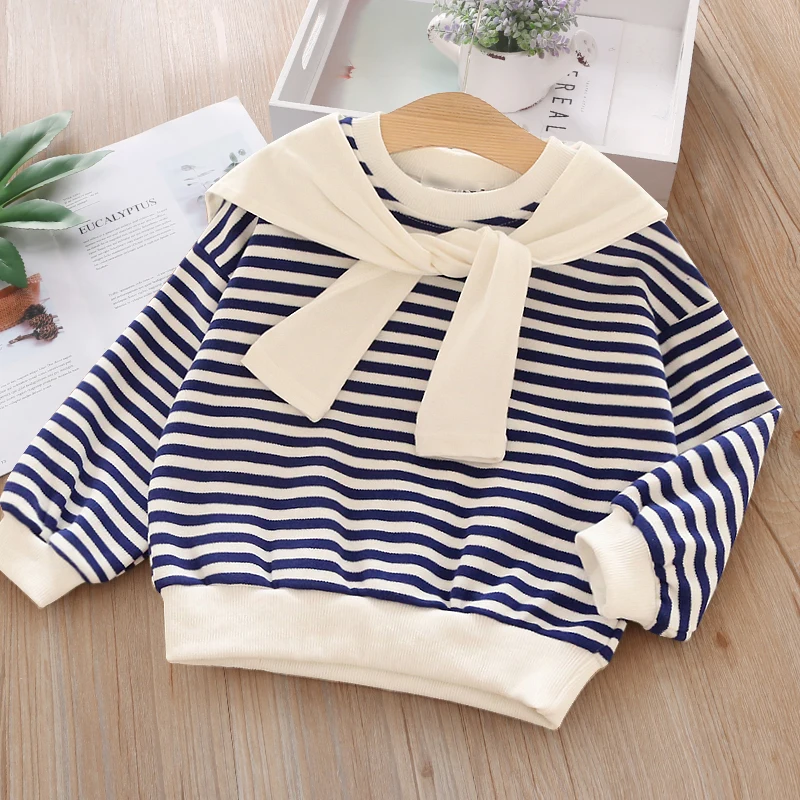 

Kids Girl Sweatshirt Fall Fashion Navy Style Hoodies for Girls Children Stripes Versatile Tops Baby Boy Outfit 2-7 Years Clothes