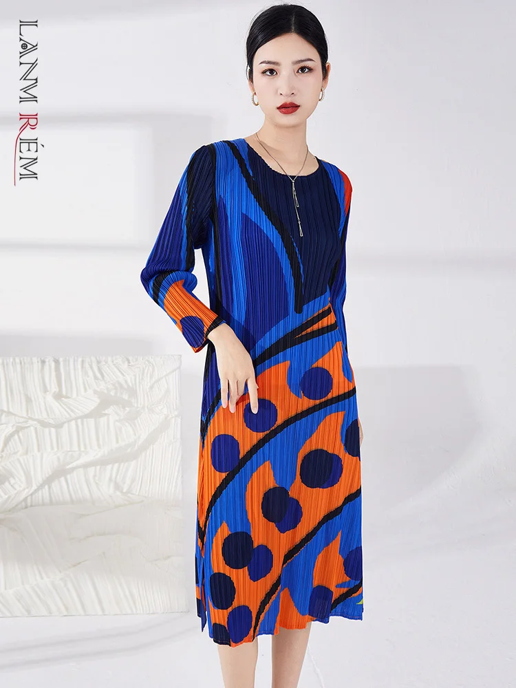 

Женское плиссированное платье LANMREM, элегантное платье средней длины с круглым вырезом и длинным рукавом, новинка 2023, весенняя одежда, 2Q1203