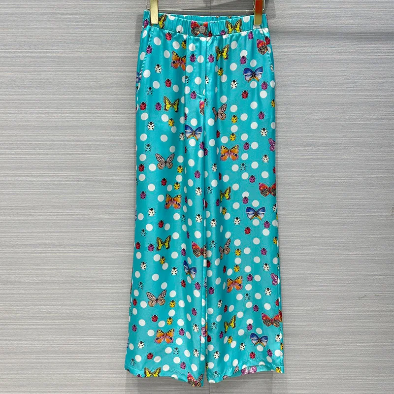 

23 Spring Summer Pure Silk Wide-leg Trousers Runway Women Vintage Dot Printing Casual Loose Straight-leg Pants Fashion Long Pant
