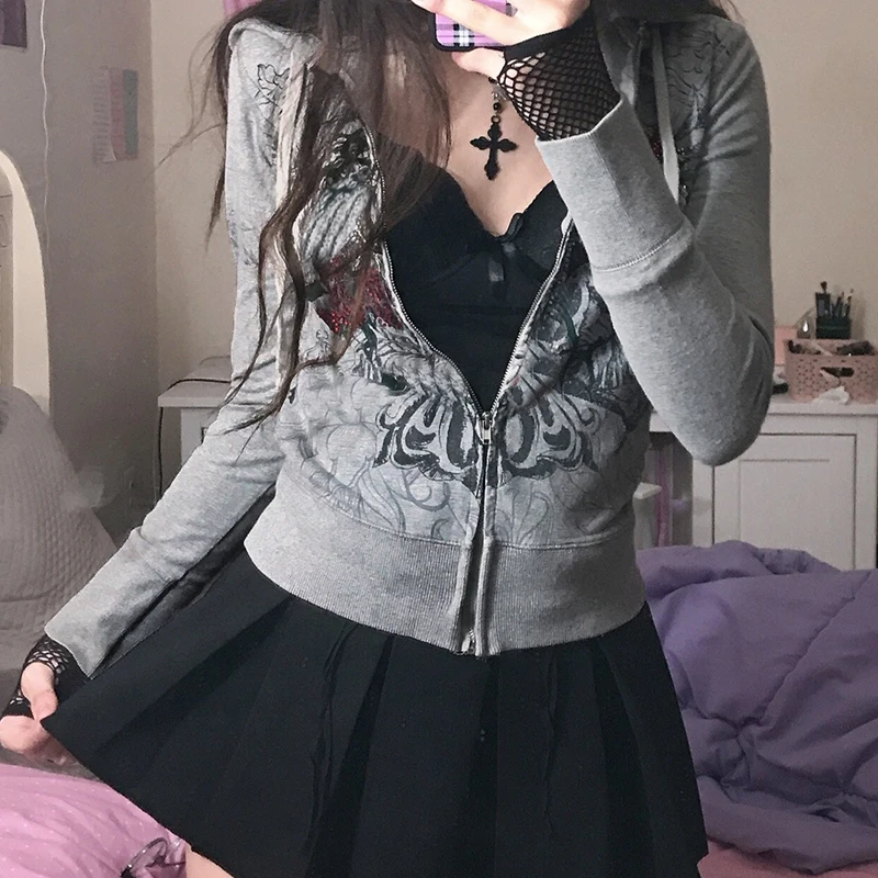 

Женское пальто с длинным рукавом, кардиган на молнии с капюшоном и принтом крыльев розы, Длинная Верхняя одежда с Кулиской