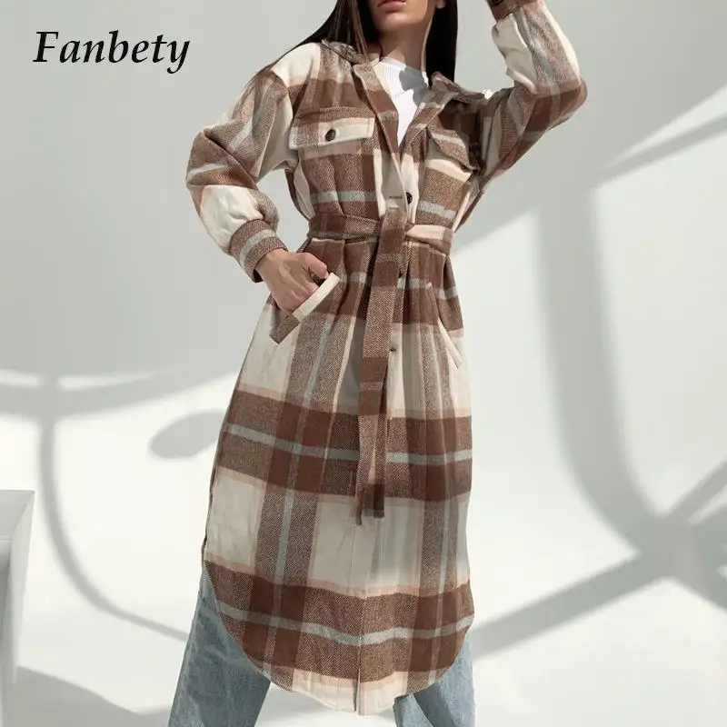 

Autumn Winter Lapel Single-breasted Shirt Fashion Women Plaid Print Loose Coat Casual Long Sleeve Lace Up Pocket Long Shirt Coat