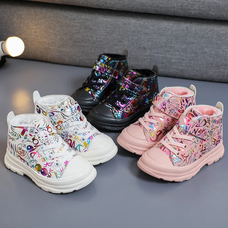 Зимняя детская обувь Теплые плюшевые ботинки для девочек Модная верхняя одежда с