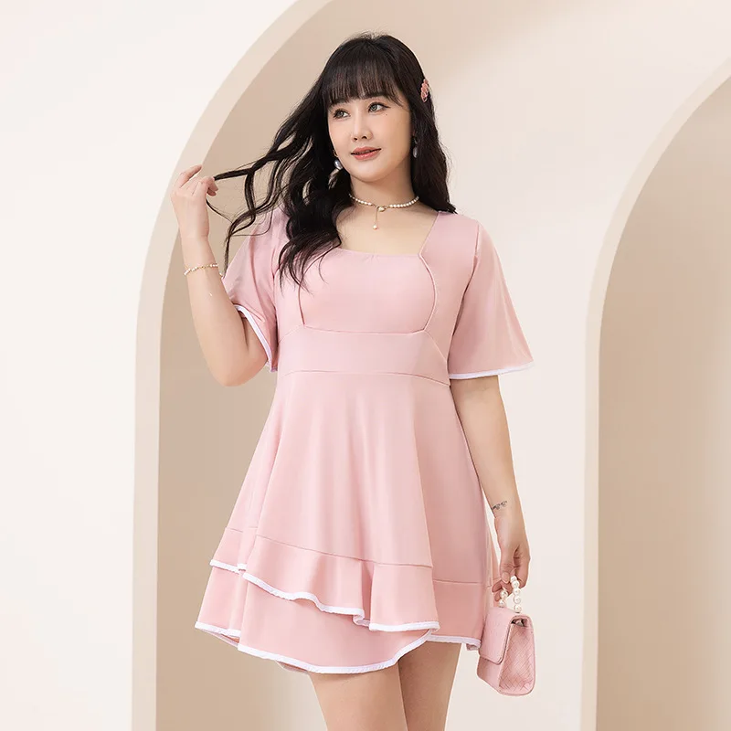 

Купальник женский сплошной с юбкой и коротким рукавом, однотонный