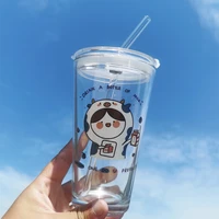 lovely pet glass cartoon animal graduated glass water bottle with cover and straw safe heat resistant couple milk coffee cup